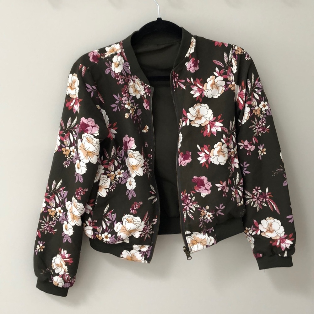 Reversible Olive Green Floral Print Bomber Jacket